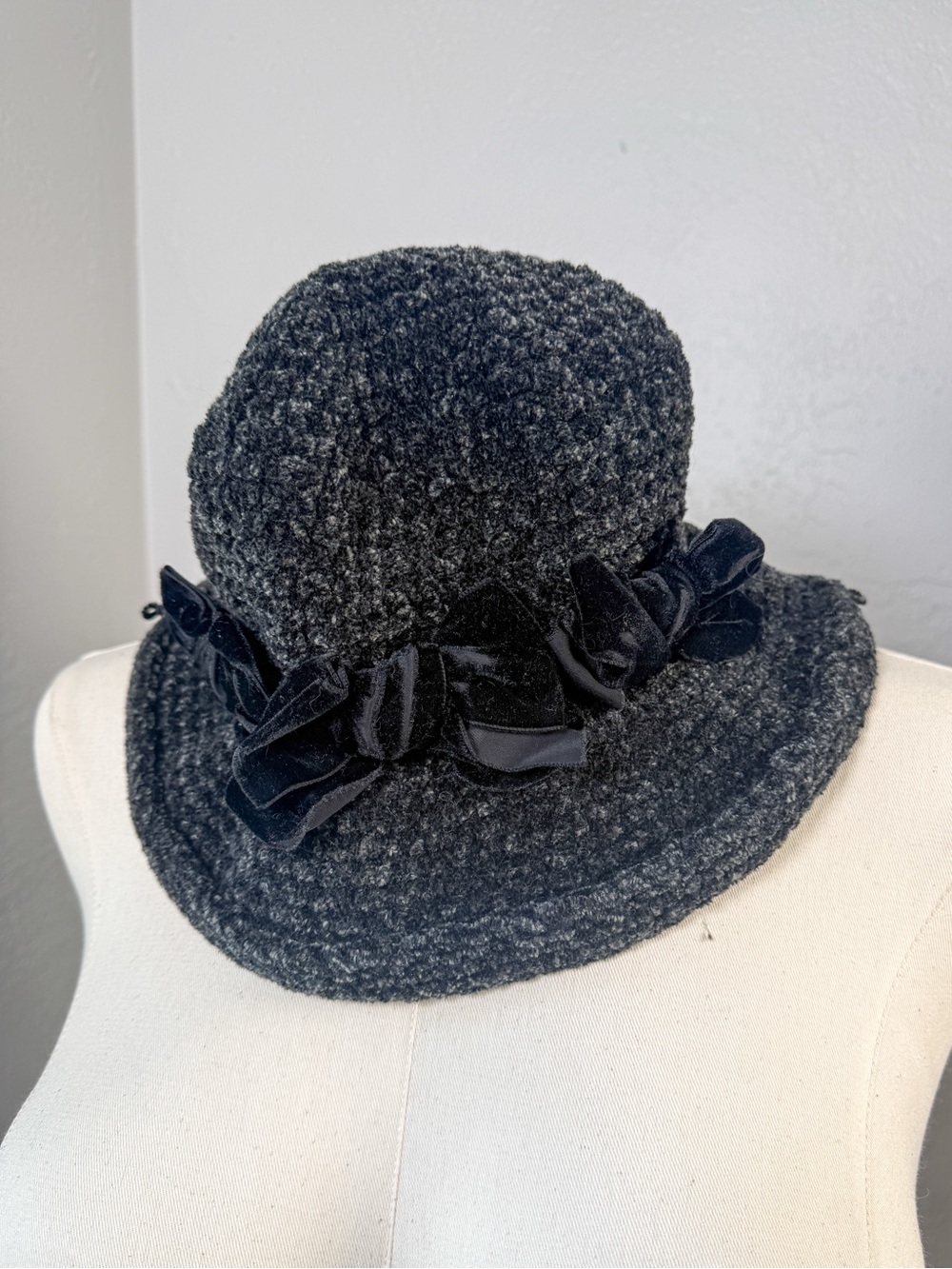 Vintage Holt Renfrew Black Bouclé Cloche Hat Velvet Ribbon Accent